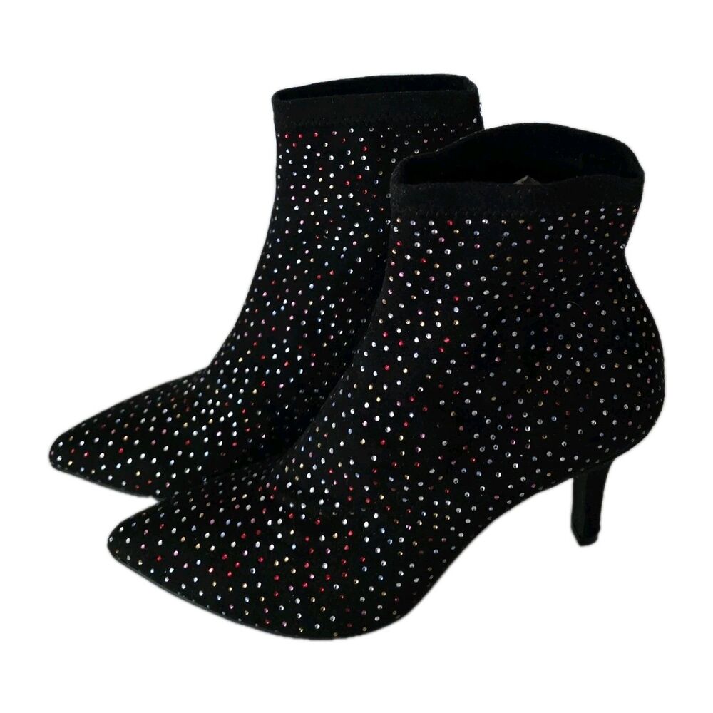 INC International Concepts 7.5 Bray Sock Black Heel Booties W Red Rhinestones - Picture 10 of 14